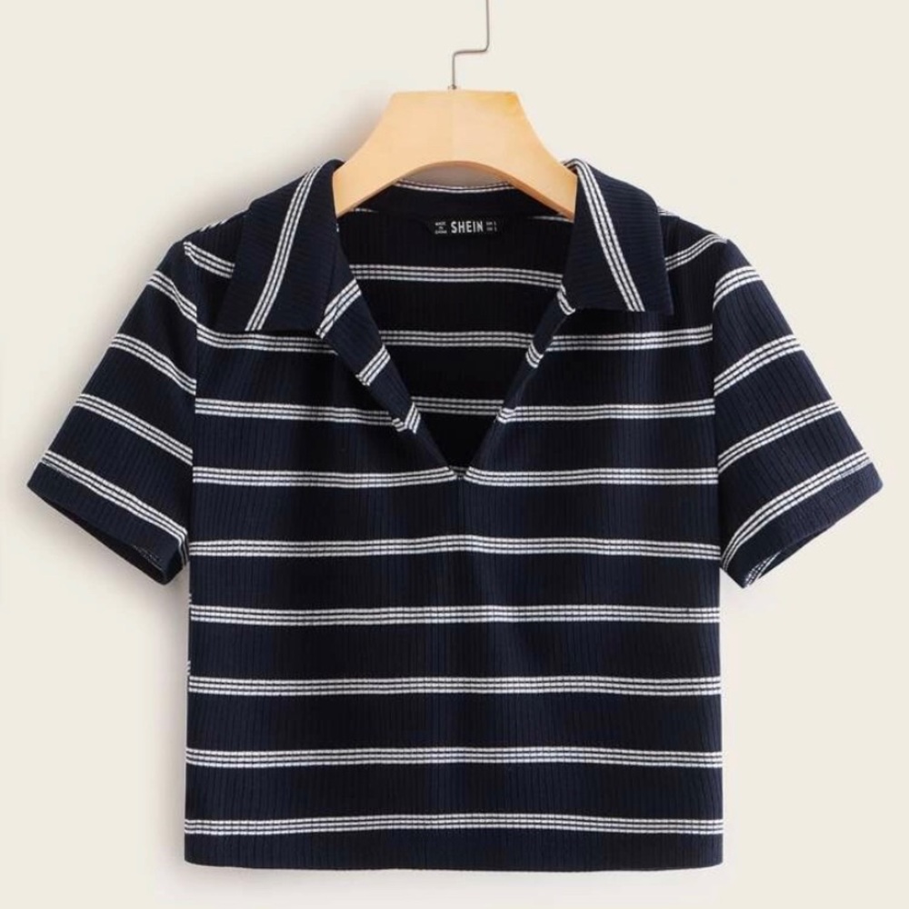 Collared V-neck Rib-knit Striped Tee